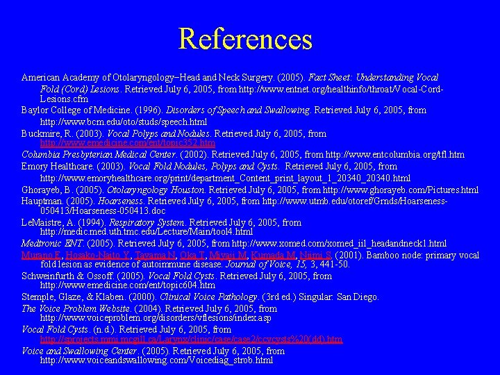 References American Academy of Otolaryngology−Head and Neck Surgery. (2005). Fact Sheet: Understanding Vocal Fold