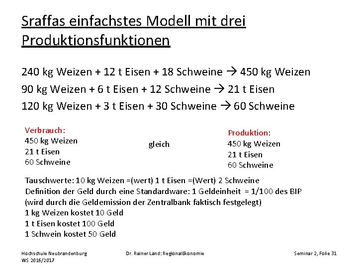 Sraffas einfachstes Modell mit drei Produktionsfunktionen 240 kg Weizen + 12 t Eisen +