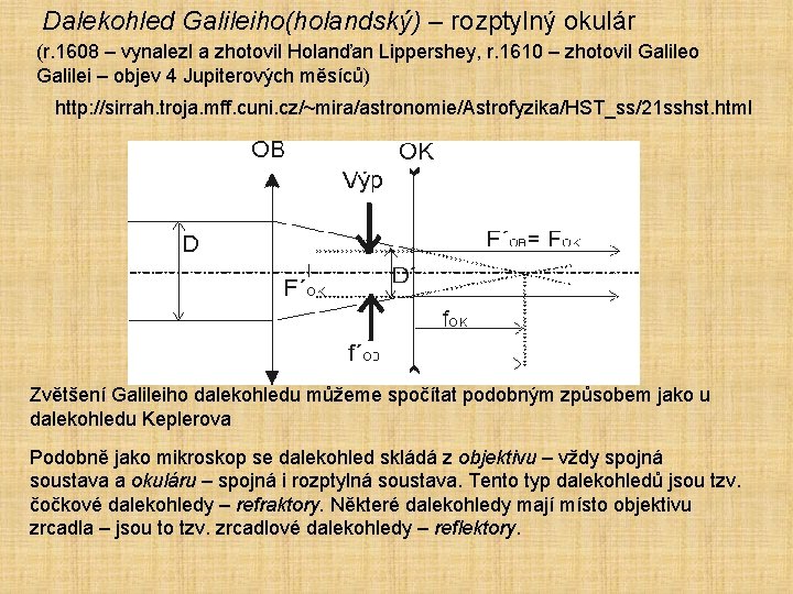 Dalekohled Galileiho(holandský) – rozptylný okulár (r. 1608 – vynalezl a zhotovil Holanďan Lippershey, r.