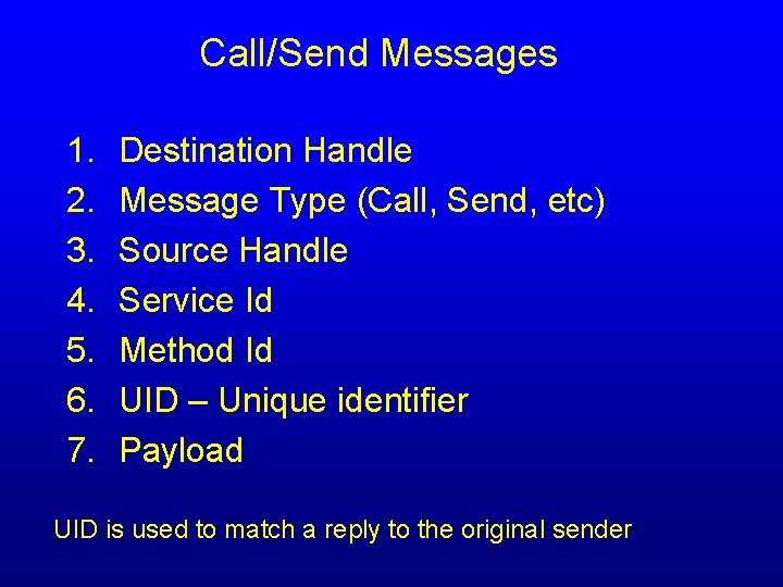 Call/Send Messages 1. 2. 3. 4. 5. 6. 7. Destination Handle Message Type (Call,