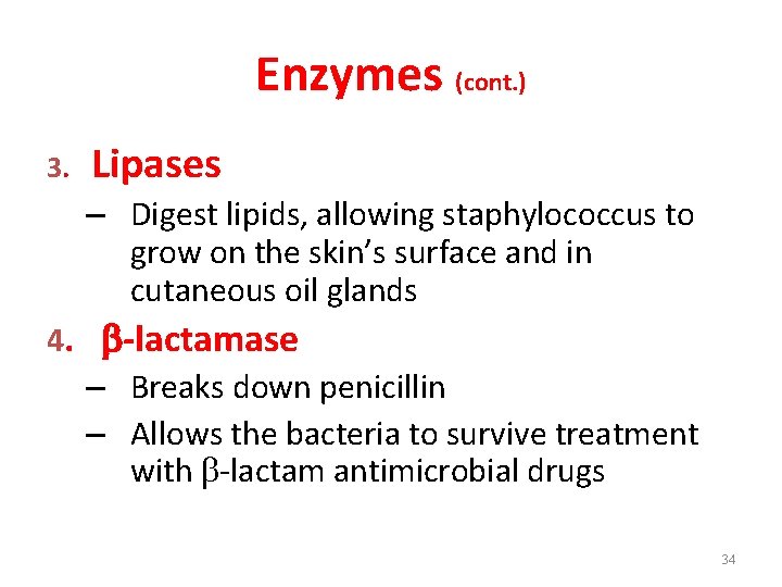 Enzymes (cont. ) 3. Lipases – Digest lipids, allowing staphylococcus to grow on the