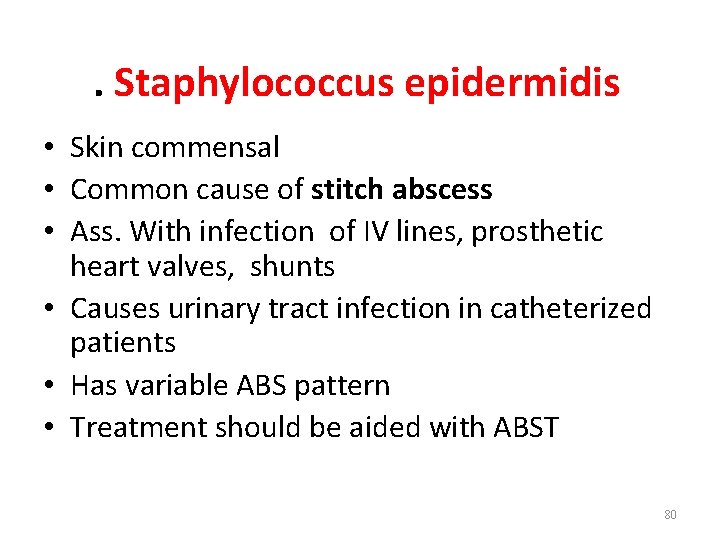 . Staphylococcus epidermidis • Skin commensal • Common cause of stitch abscess • Ass.