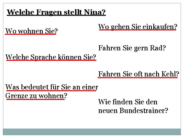 Welche Fragen stellt Nina? Wo wohnen Sie? Wo gehen Sie einkaufen? Fahren Sie gern