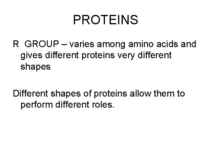PROTEINS R GROUP – varies among amino acids and gives different proteins very different