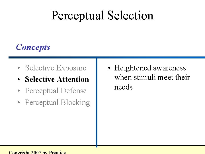 Perceptual Selection Concepts • • Selective Exposure Selective Attention Perceptual Defense Perceptual Blocking • Perceptual Selection Concepts • • Selective Exposure Selective Attention Perceptual Defense Perceptual Blocking •