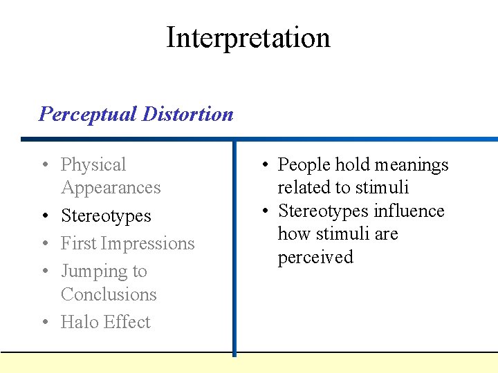 Interpretation Perceptual Distortion • Physical Appearances • Stereotypes • First Impressions • Jumping to Interpretation Perceptual Distortion • Physical Appearances • Stereotypes • First Impressions • Jumping to