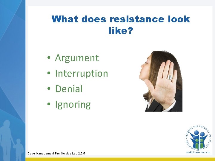 What does resistance look like? • • Argument Interruption Denial Ignoring Case Management Pre-Service