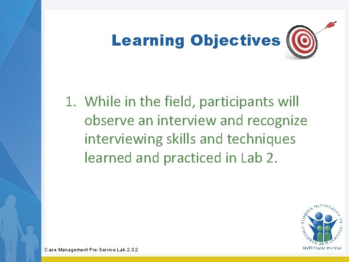 Learning Objectives 1. While in the field, participants will observe an interview and recognize