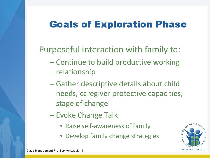 Goals of Exploration Phase Purposeful interaction with family to: – Continue to build productive