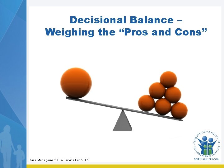 Decisional Balance – Weighing the “Pros and Cons” Case Management Pre-Service Lab 2. 1.