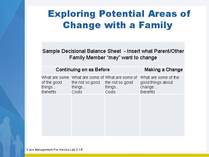 Exploring Potential Areas of Change with a Family Sample Decisional Balance Sheet - Insert