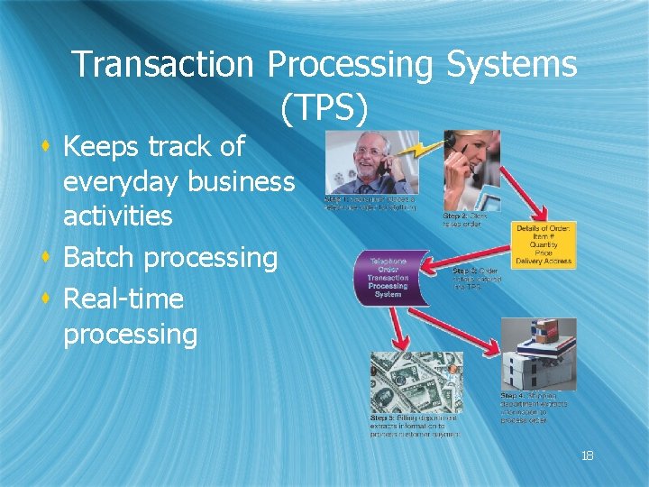 Transaction Processing Systems (TPS) s Keeps track of everyday business activities s Batch processing