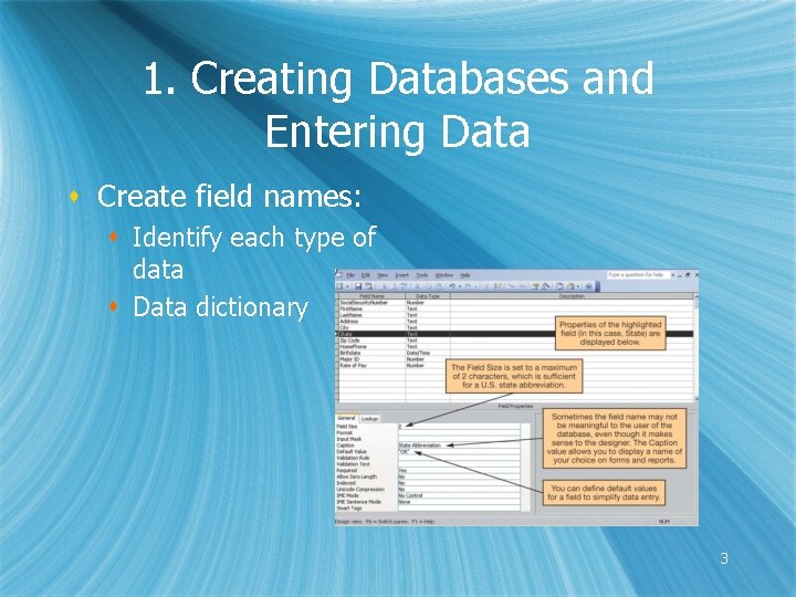 1. Creating Databases and Entering Data s Create field names: s Identify each type