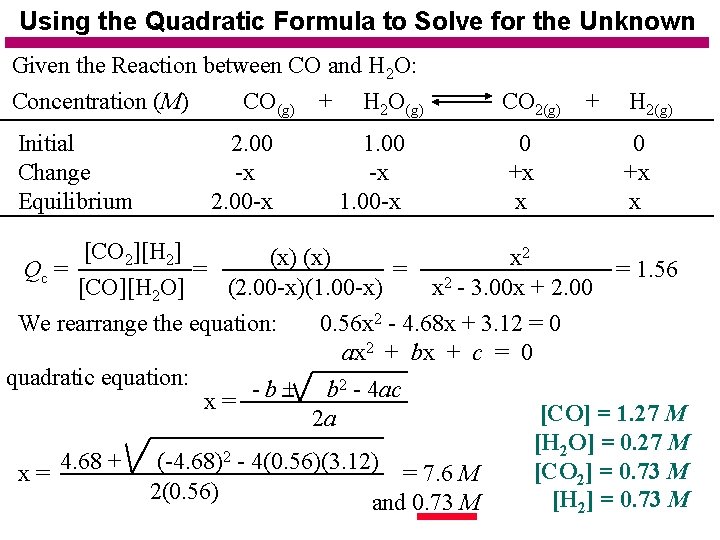 Using the Quadratic Formula to Solve for the Unknown Given the Reaction between CO
