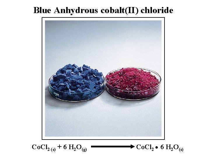 Blue Anhydrous cobalt(II) chloride Co. Cl 2 (s) + 6 H 2 O(g) Co.
