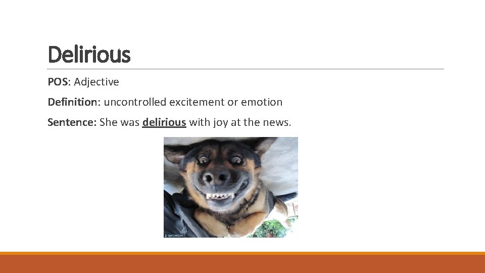 Delirious POS: Adjective Definition: uncontrolled excitement or emotion Sentence: She was delirious with joy