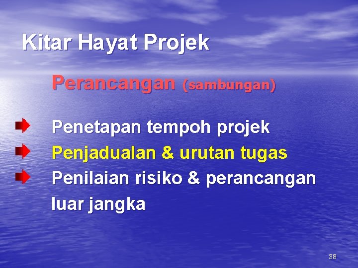 Kitar Hayat Projek Perancangan (sambungan) Penetapan tempoh projek Penjadualan & urutan tugas Penilaian risiko