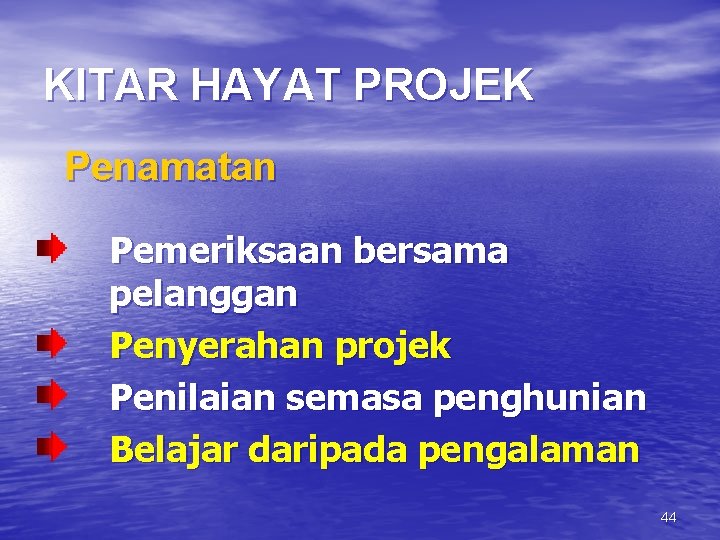 KITAR HAYAT PROJEK Penamatan Pemeriksaan bersama pelanggan Penyerahan projek Penilaian semasa penghunian Belajar daripada