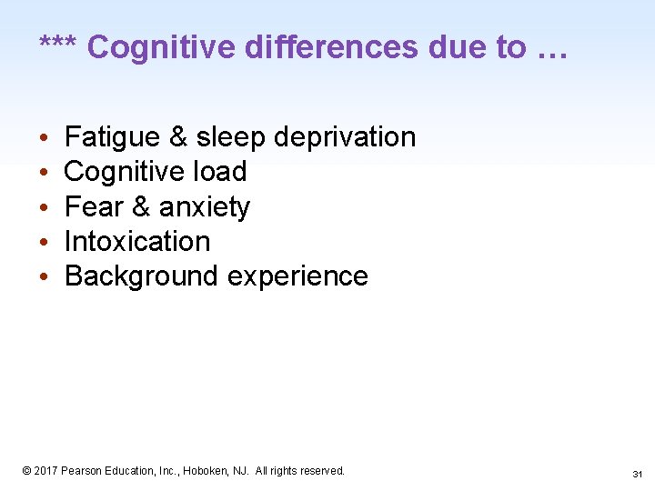 *** Cognitive differences due to … • • • Fatigue & sleep deprivation Cognitive