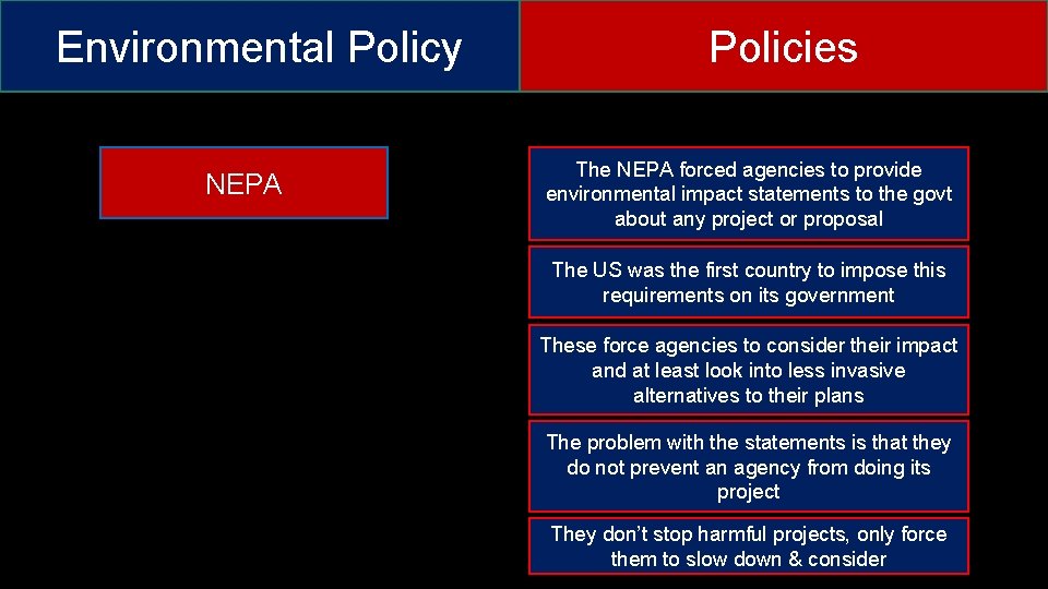 Environmental Policy NEPA Policies The NEPA forced agencies to provide environmental impact statements to