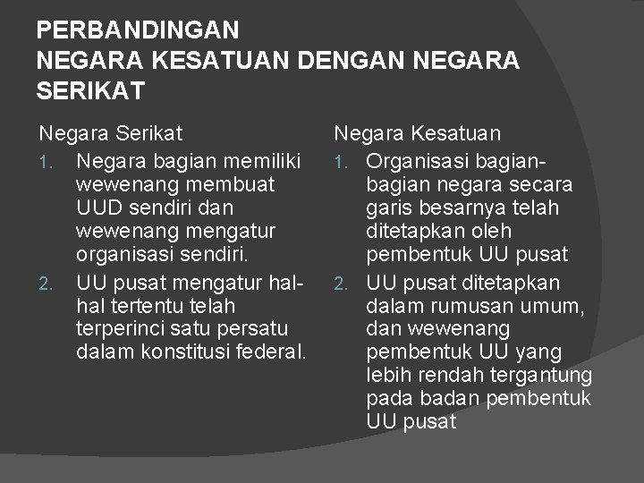 PERBANDINGAN NEGARA KESATUAN DENGAN NEGARA SERIKAT Negara Serikat 1. Negara bagian memiliki wewenang membuat