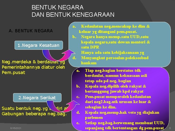 BENTUK NEGARA DAN BENTUK KENEGARAAN A. BENTUK NEGARA 1. Negara Kesatuan Neg. merdeka &