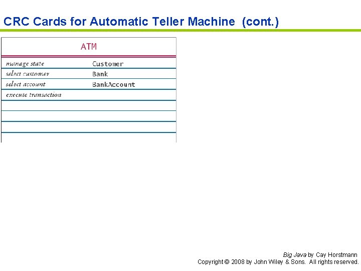 CRC Cards for Automatic Teller Machine (cont. ) Big Java by Cay Horstmann Copyright