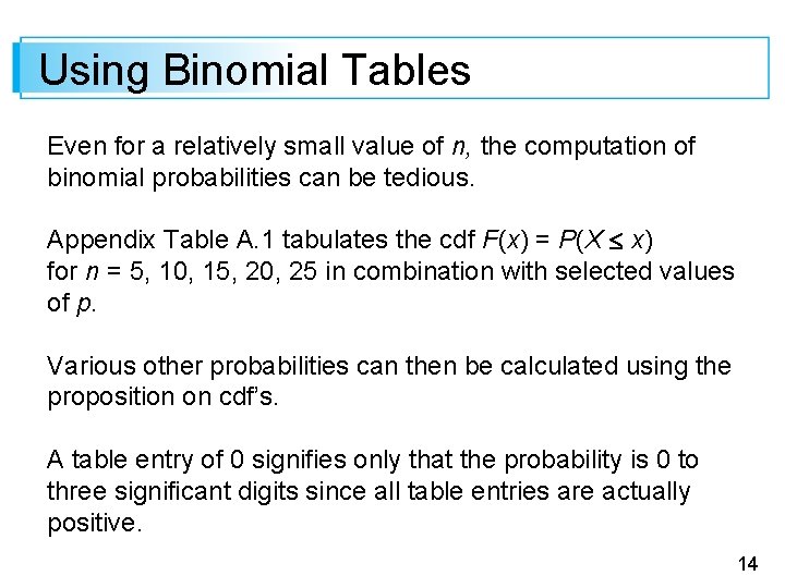 Using Binomial Tables Even for a relatively small value of n, the computation of