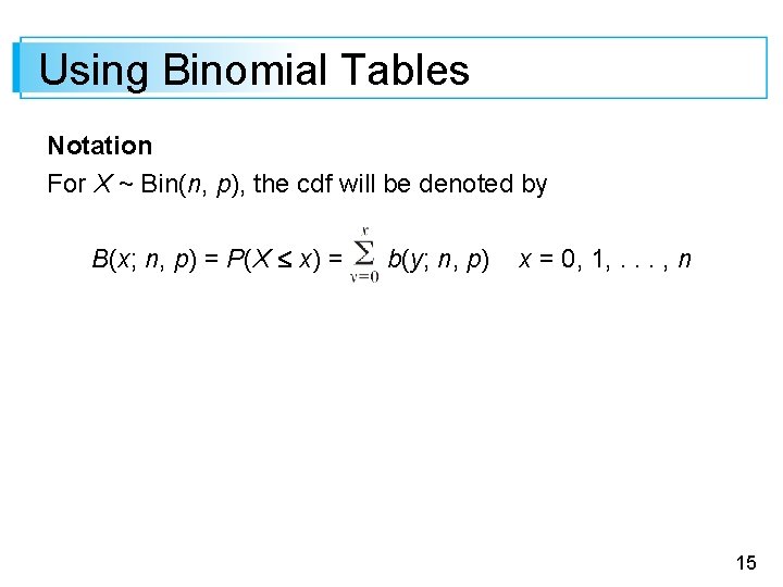 Using Binomial Tables Notation For X ~ Bin(n, p), the cdf will be denoted