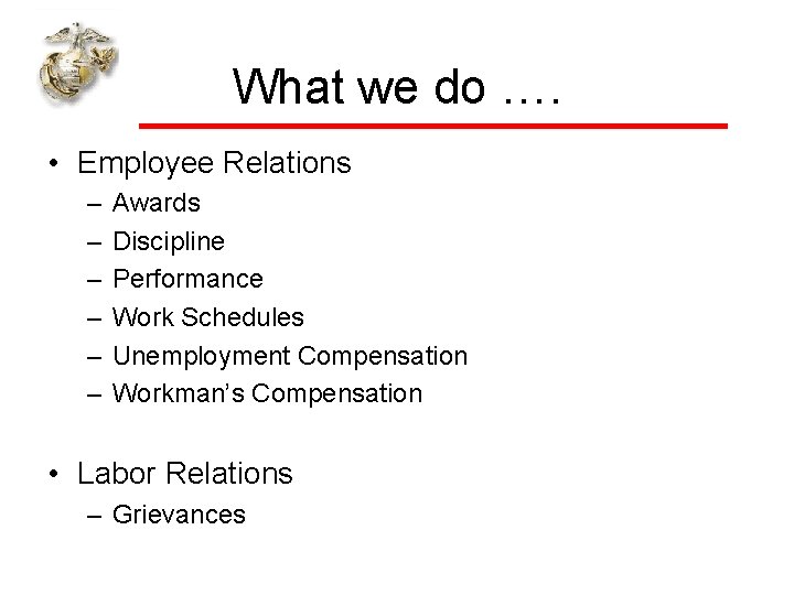 What we do …. • Employee Relations – – – Awards Discipline Performance Work