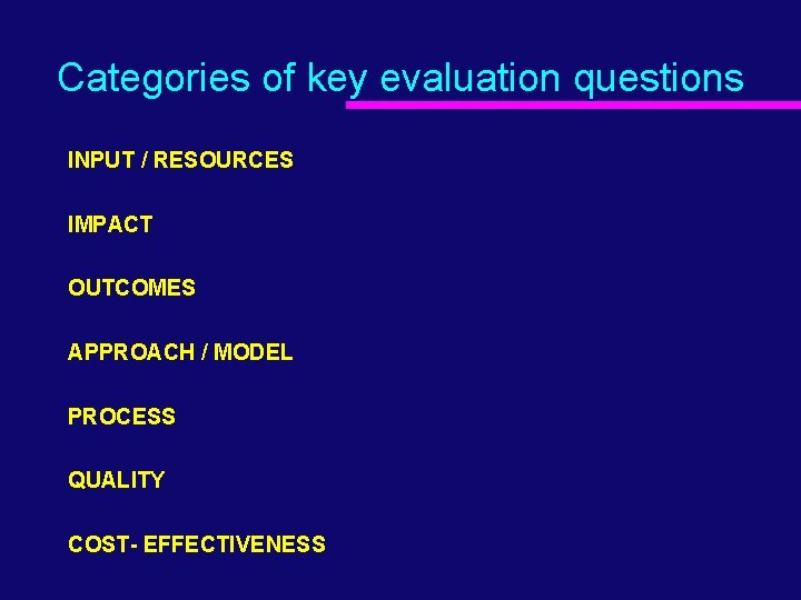 Categories of key evaluation questions INPUT / RESOURCES IMPACT OUTCOMES APPROACH / MODEL PROCESS