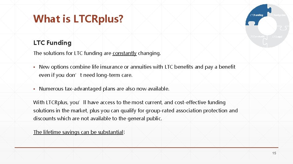 What is LTCRplus? LTC Funding The solutions for LTC funding are constantly changing. ▪