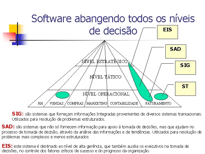 Software abangendo todos os níveis EIS de decisão SAD NÍVEL ESTRATÉGICO SIG NÍVEL TÁTICO