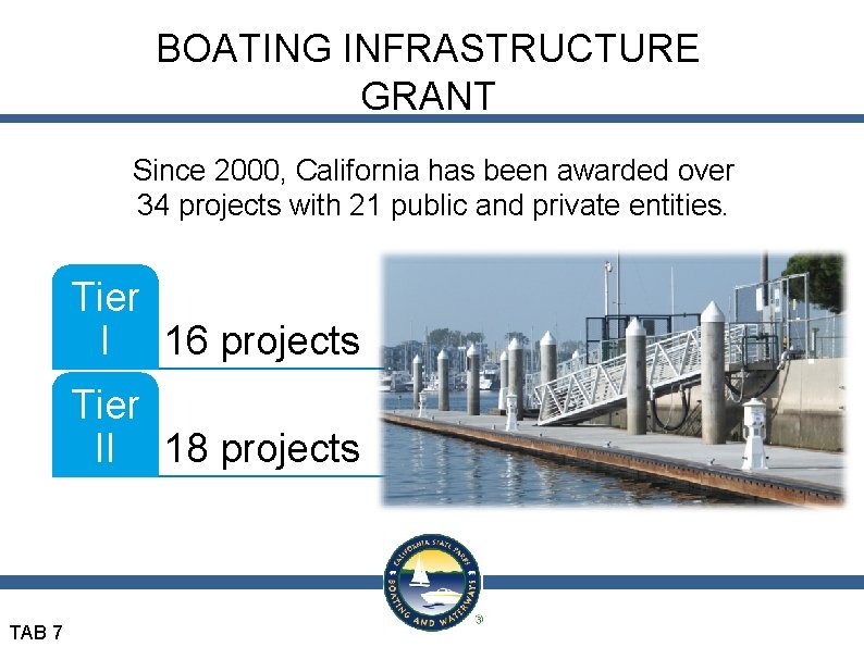 BOATING INFRASTRUCTURE GRANT Since 2000, California has been awarded over 34 projects with 21