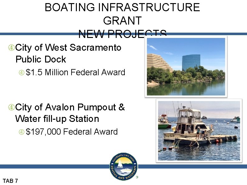 BOATING INFRASTRUCTURE GRANT NEW PROJECTS City of West Sacramento Public Dock $1. 5 Million