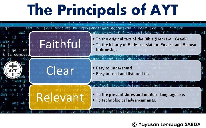 The Principals of AYT Faithful Clear Relevant • To the original text of the