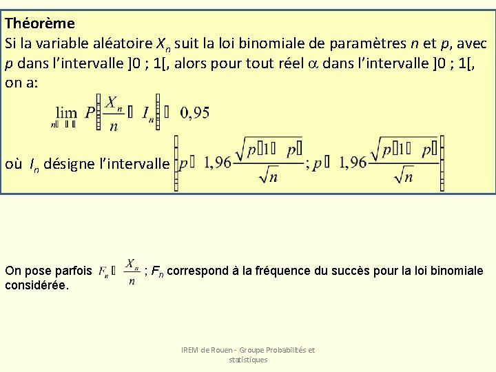 Théorème Si la variable aléatoire Xn suit la loi binomiale de paramètres n et