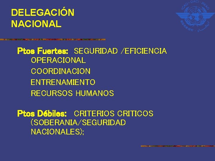 DELEGACIÓN NACIONAL Ptos Fuertes: SEGURIDAD /EFICIENCIA OPERACIONAL COORDINACION ENTRENAMIENTO RECURSOS HUMANOS Ptos Débiles: CRITERIOS