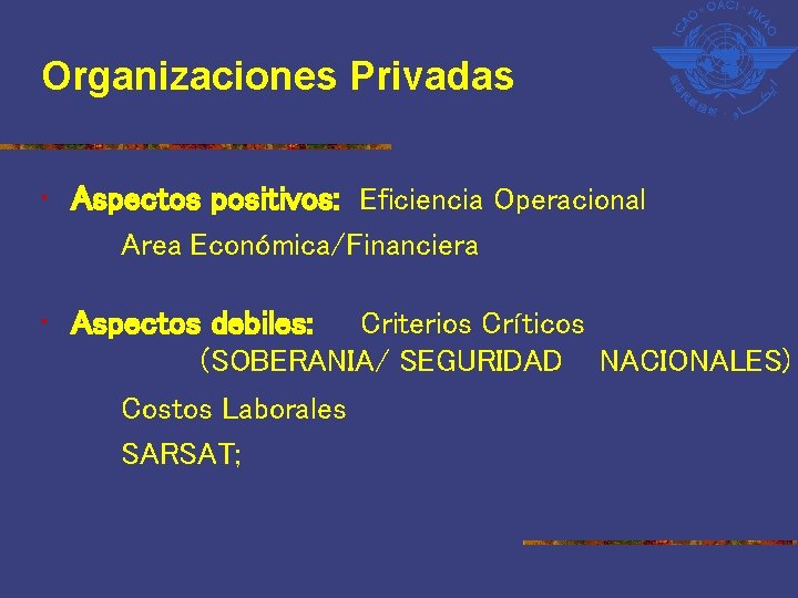 Organizaciones Privadas • Aspectos positivos: Eficiencia Operacional Area Económica/Financiera • Aspectos debiles: Criterios Críticos