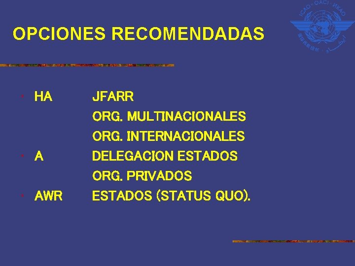 OPCIONES RECOMENDADAS • HA • AWR JFARR ORG. MULTINACIONALES ORG. INTERNACIONALES DELEGACION ESTADOS ORG.