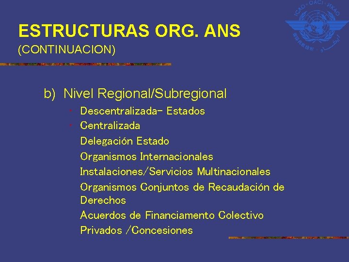 ESTRUCTURAS ORG. ANS (CONTINUACION) b) Nivel Regional/Subregional • Descentralizada- Estados • Centralizada Delegación Estado