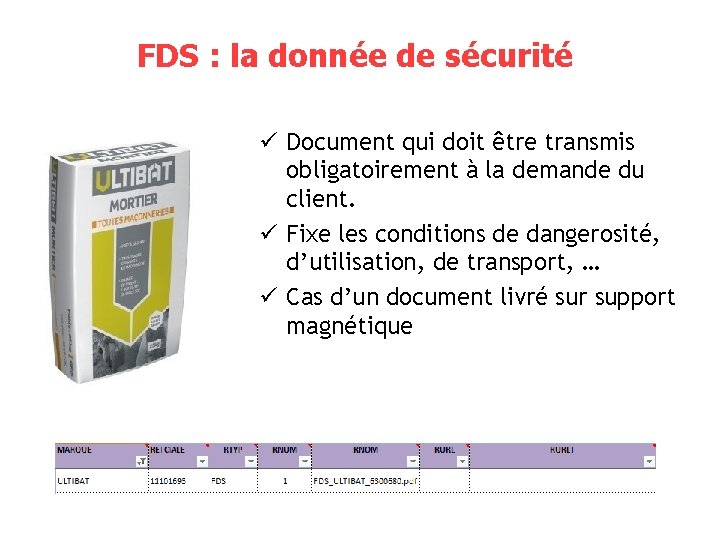 FDS : la donnée de sécurité ü Document qui doit être transmis obligatoirement à