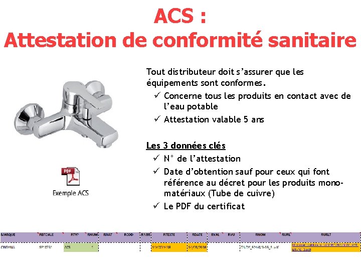 ACS : Attestation de conformité sanitaire Tout distributeur doit s’assurer que les équipements sont