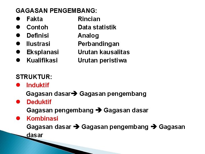 GAGASAN PENGEMBANG: l Fakta Rincian l Contoh Data statistik l Definisi Analog l Ilustrasi