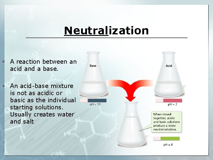 Neutralization § A reaction between an acid and a base. § An acid-base mixture