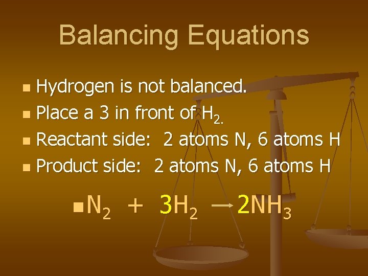 Balancing Equations Hydrogen is not balanced. n Place a 3 in front of H