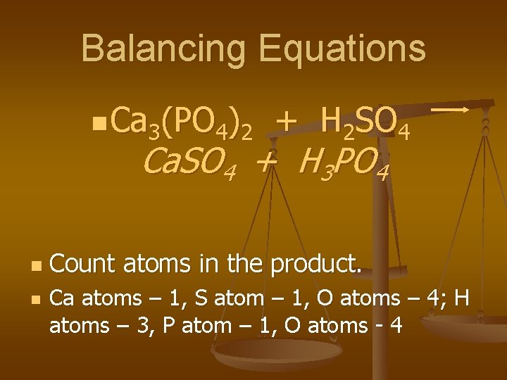 Balancing Equations n Ca 3(PO 4)2 + H 2 SO 4 Ca. SO 4