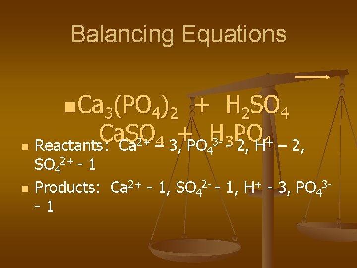 Balancing Equations n Ca 3(PO 4)2 + H 2 SO 4 Ca. SO +