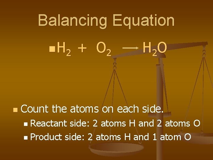 Balancing Equation n H 2 n + O 2 H 2 O Count the