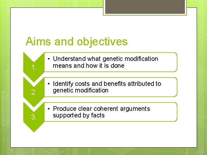 Aims and objectives 1. • Understand what genetic modification means and how it is